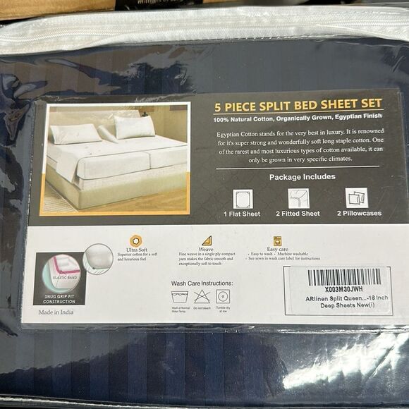 Split Queen Sheets Adjustable Bed Cotton-Deep Pockets-5 Pcs Navy Blue Stripe NEW - Picture 6 of 6